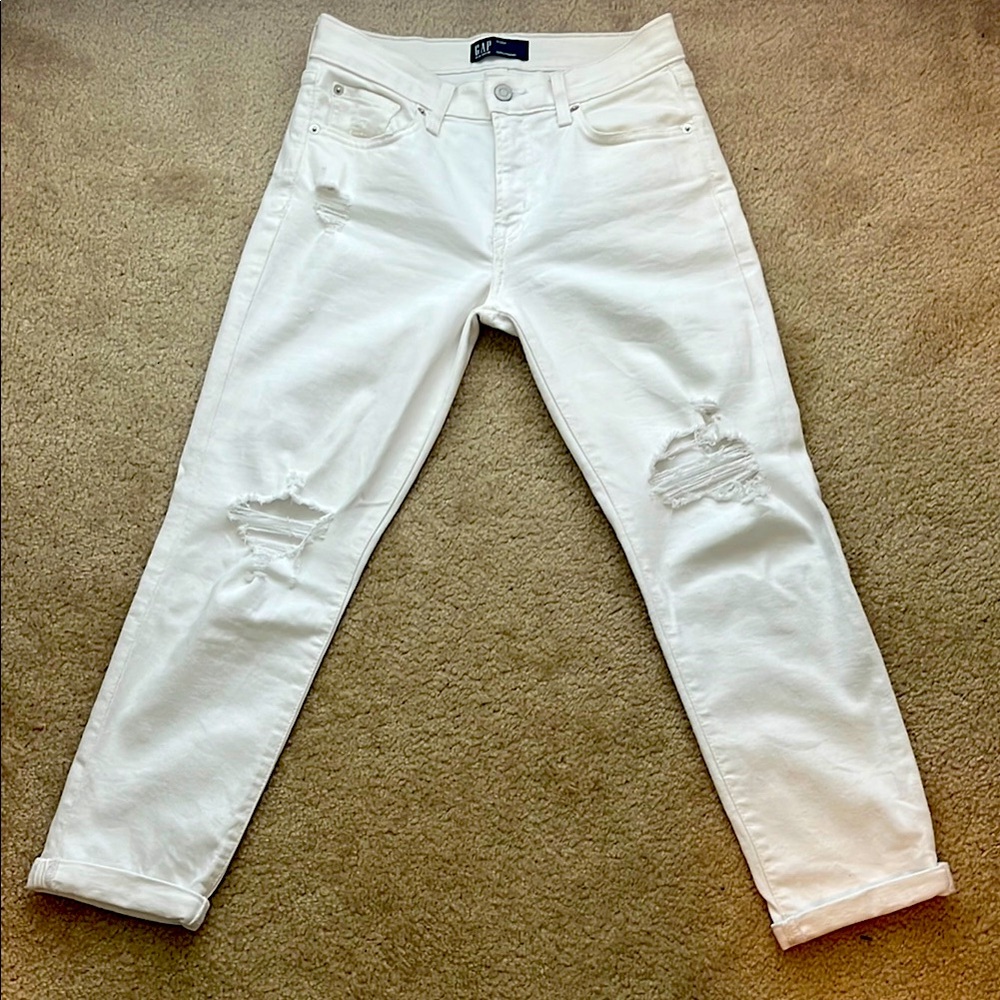 GAP Women’s White Boyfriend Mis Rise Distressed Casual Jeans Size 0/25P